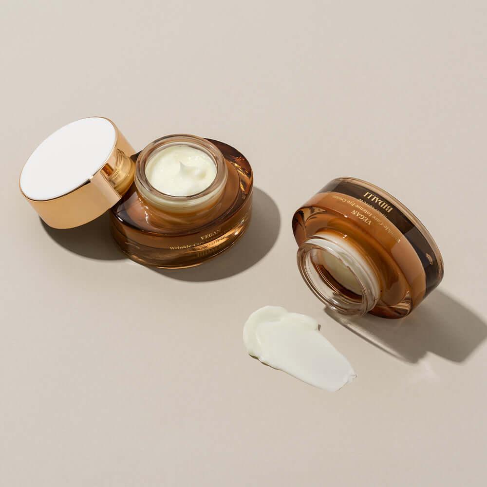 Bidalli Vegan Wrinkle-Care Intense Eye Cream opened jars with rich cream texture visible and swatched on surface, nourishing anti-aging eye treatment with vegan formula