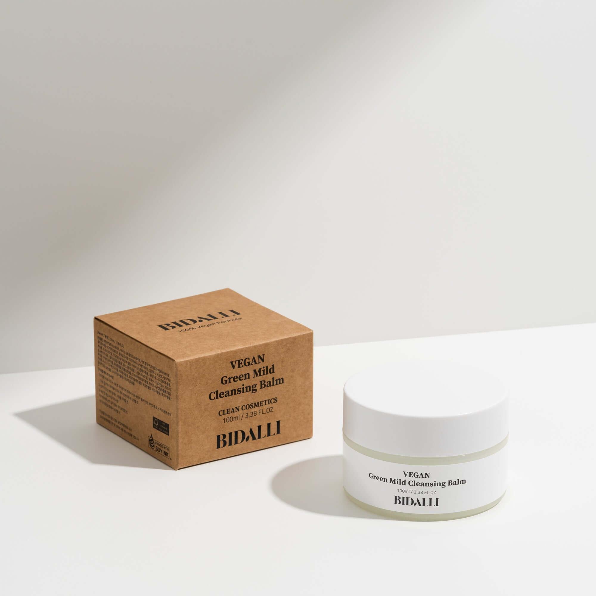 Bidalli Vegan Green Mild Cleansing Balm in white jar with eco-friendly kraft box, gentle vegan makeup remover for sensitive skin, 100ml