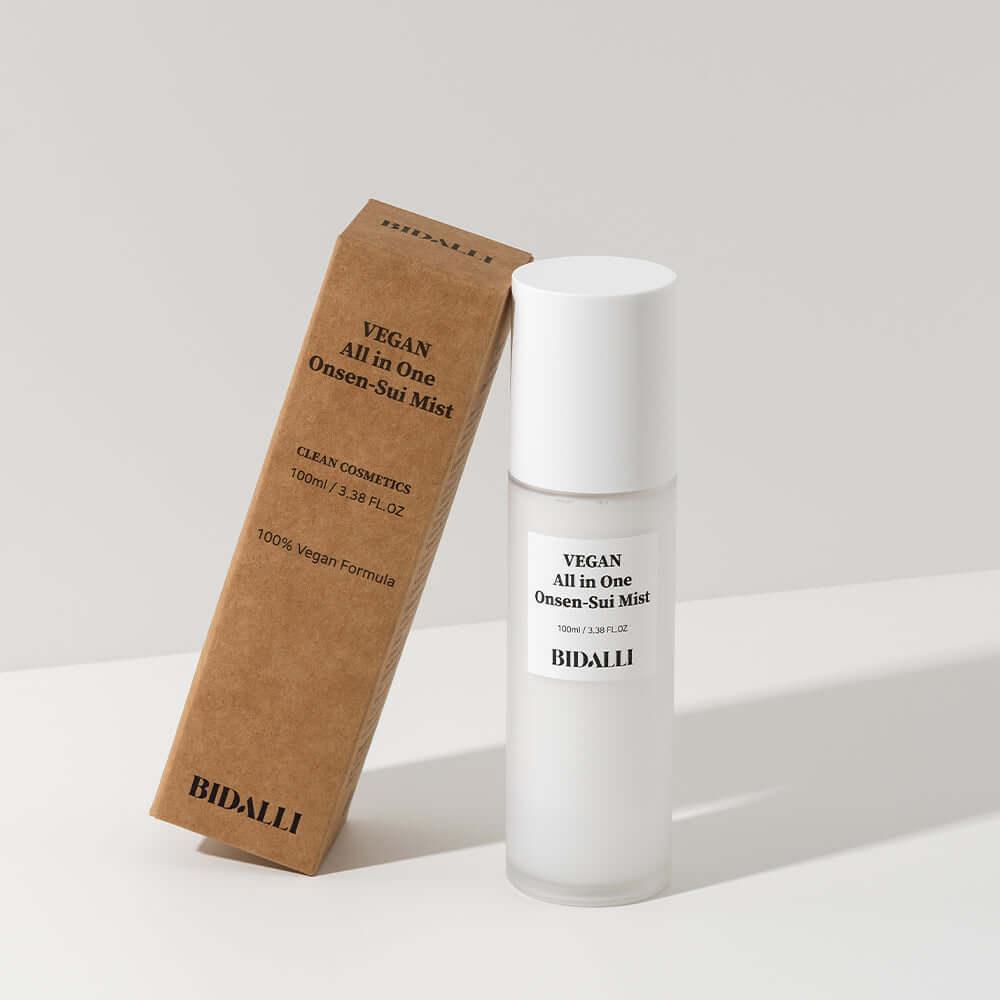 Bidalli Vegan All in One Onsen-Sui Mist in minimal frosted bottle with kraft box, hydrating vegan facial mist formulated with onsen mineral water, 100ml