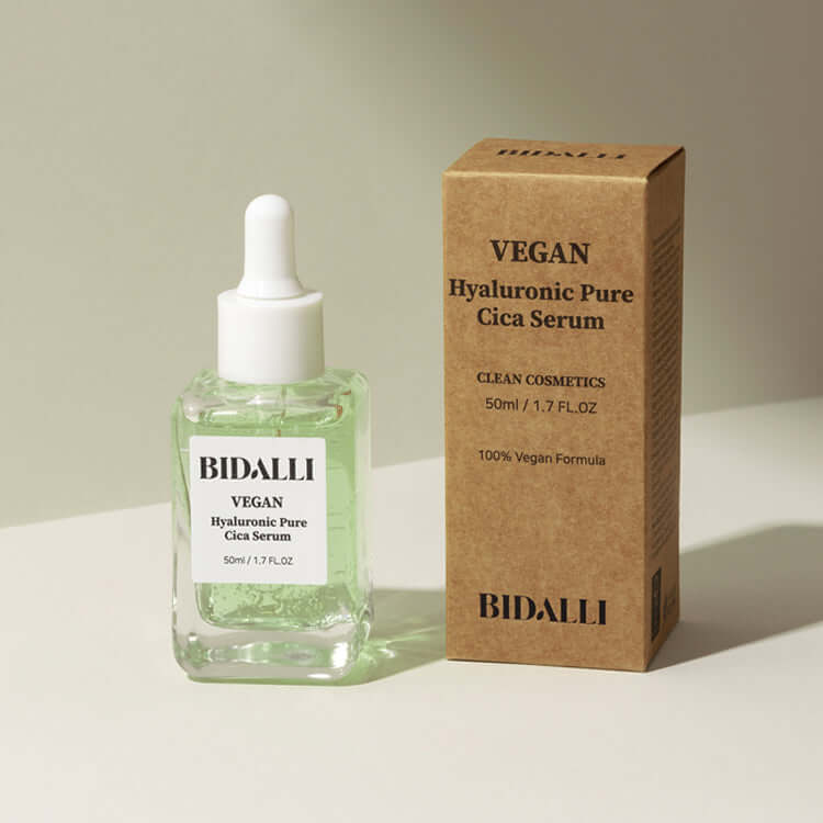 Bidalli Vegan Hyaluronic Pure Cica Serum with product box on a minimal beige background