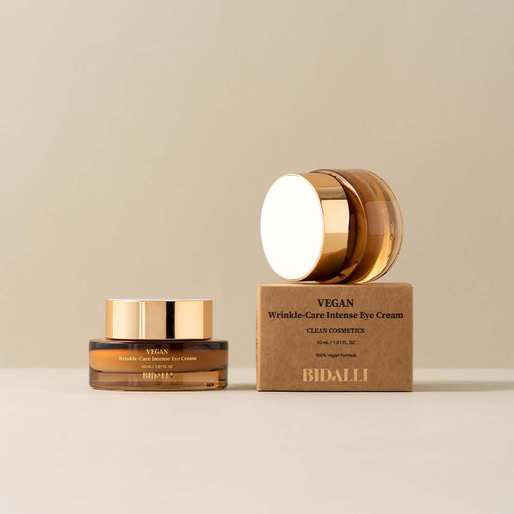 Bidalli Vegan Wrinkle-Care Intense Eye Cream in amber jar with gold lid and eco-friendly kraft box, anti-aging vegan eye cream for firm and youthful under-eye skin, 30ml